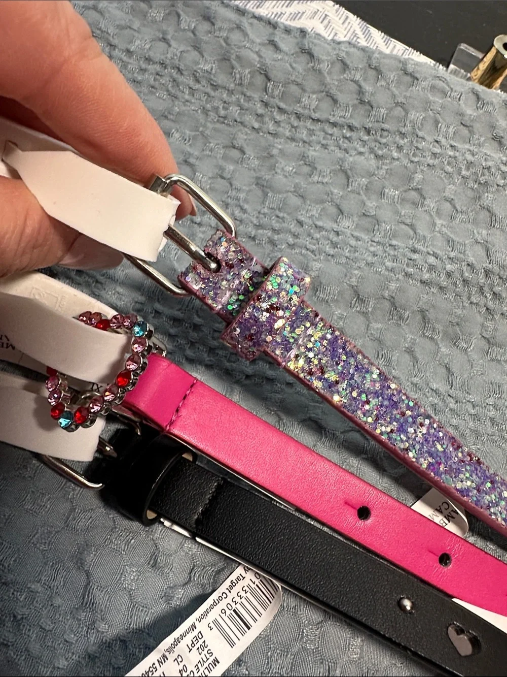 Cat & Jack Girls 3-Pack Belts — Black, Hot Pink & Glitter Purple Sz XL NWT